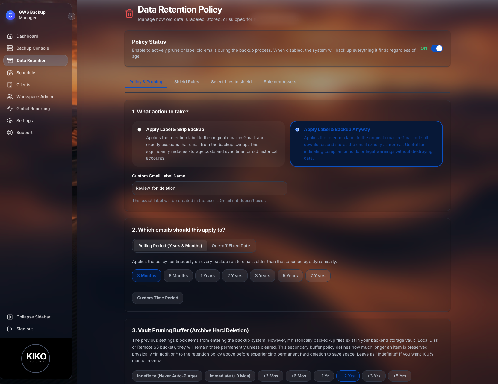 Data Retention Policy screenshot